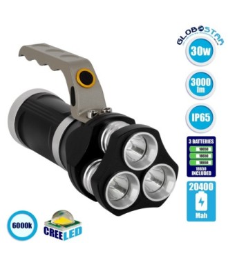 GLOBOSTAR® HANDLAMP 79025 Φακός Χειρός LED 30W 3000lm 45° DC 5V με Επαναφορτιζόμενη Μπαταρία Li-ion 3.7V 3x18650 15000mAh IP20 Ψυχρό Λευκό 6000K - CREE XHP50 Chip - Μ16.3 x Π6.4 x Υ8.5cm - 1 Χρόνο Εγγύηση